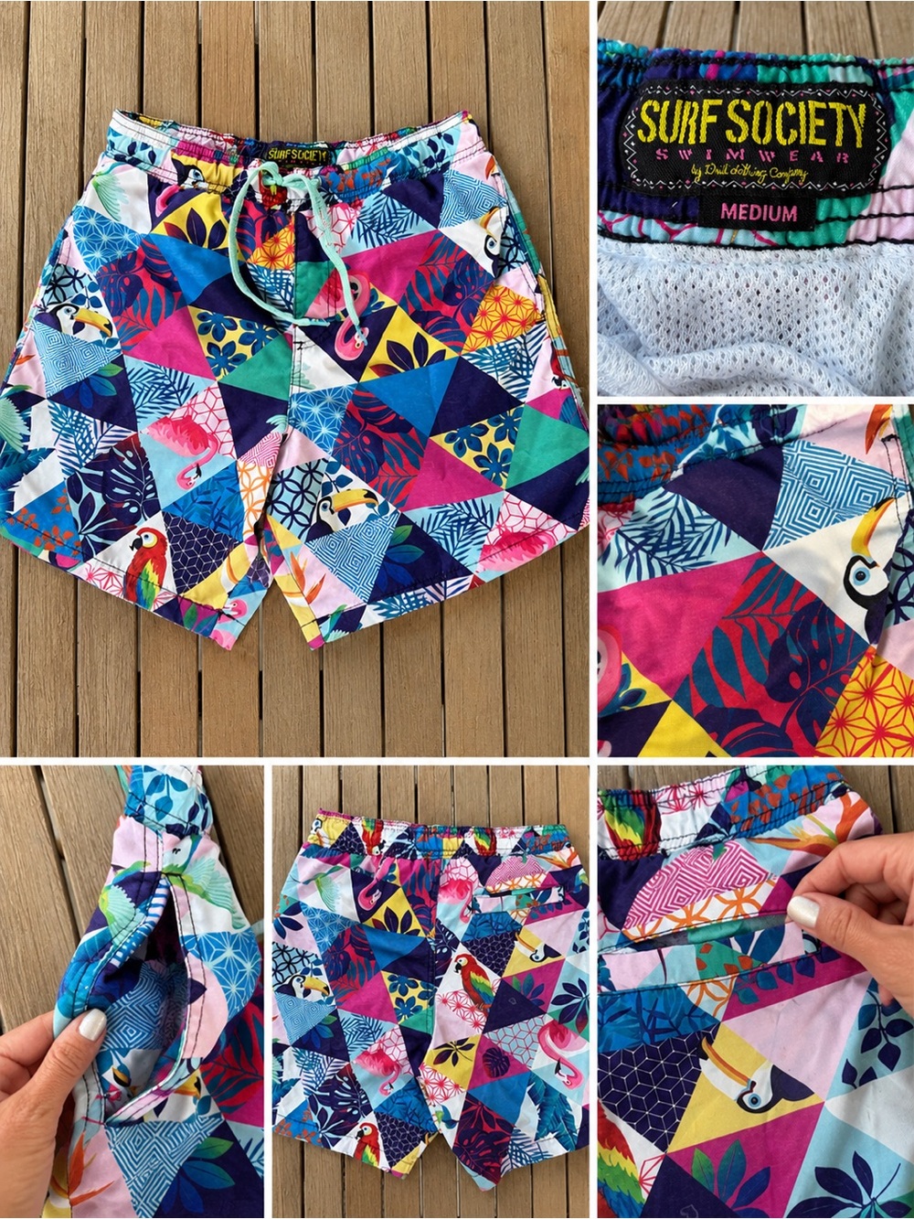Surf Society Tropical Bird & Flamingo Swim Trunks | Men’s Medium Mesh Lined